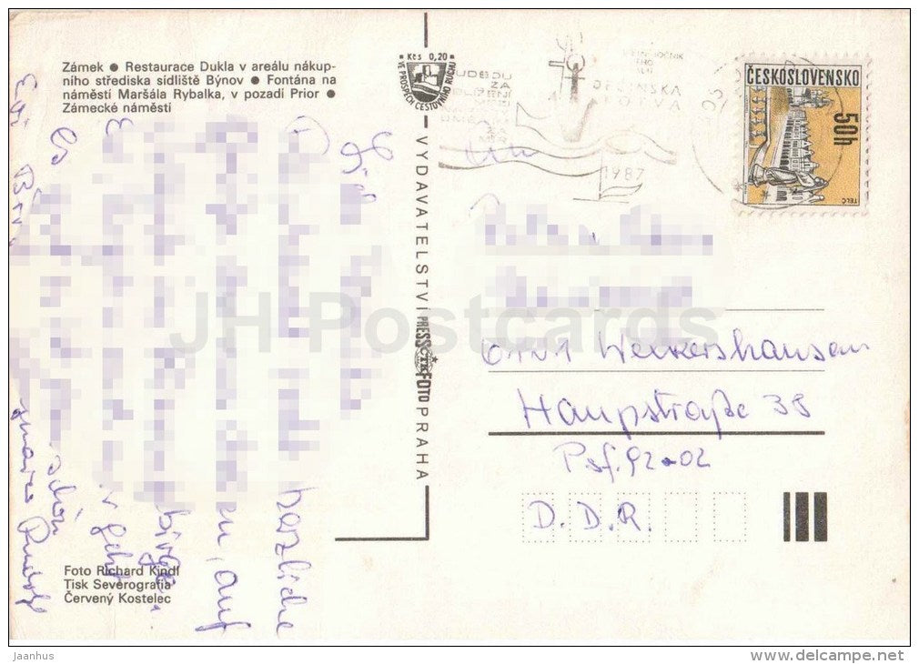 Decin - castle - restaurant Dukla - fountain - Castle square - Czechoslovakia - Czech - used 1987 - JH Postcards