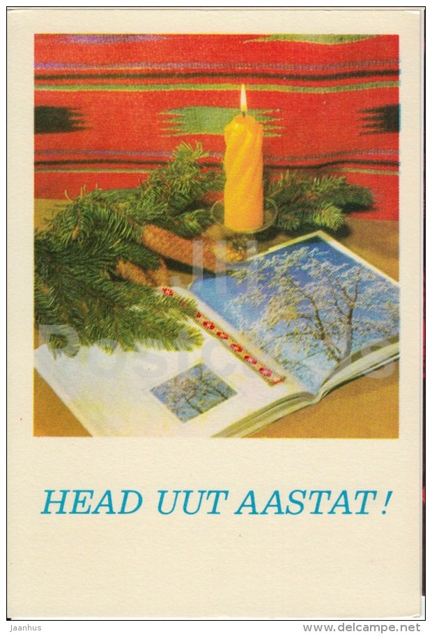 New Year Greeting card - 4 - cones - candle - book - 1974 - Estonia USSR - used - JH Postcards