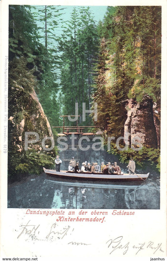 Landungsplatz an der oberen Schleuse Hinterhermsdorf - boat - old postcard - 1900 - Germany - used - JH Postcards