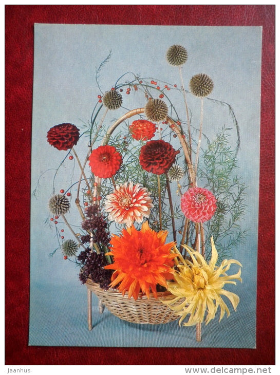 Greeting Card - flowers composition - basket - flowers - 1983 - Russia USSR - used - JH Postcards