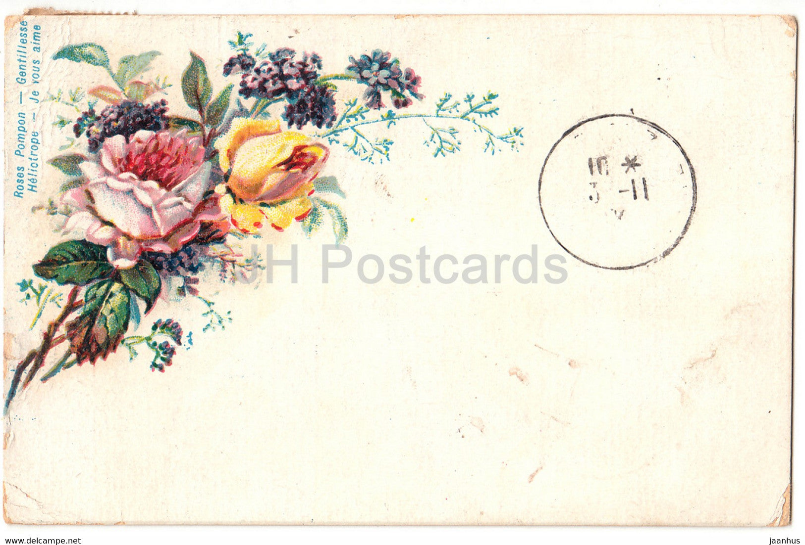 Roses Pompon Gentillesse - Anniversaire - flowers - roses - 1 - illustration - old postcard - 1904 - France - used - JH Postcards