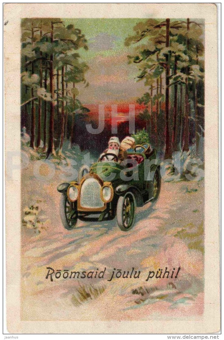 christmas greeting card - old car - Santa Claus - EAS 5227 - circulated in Estonia Tamsalu 1927 - JH Postcards