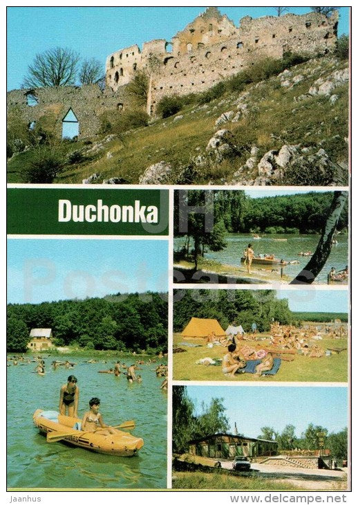 Duchonka - castle ruins - beach - boat - camping area - Czechoslovakia - Slovakia - unused - JH Postcards