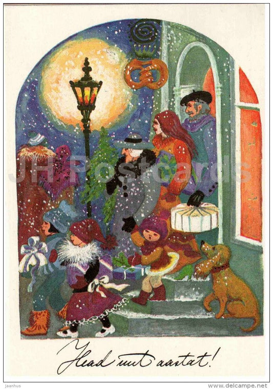 New Year Greeting card - illustration by E. Tikerpäe - 1 - dog - family - bakery - 1987 - Estonia USSR - used - JH Postcards