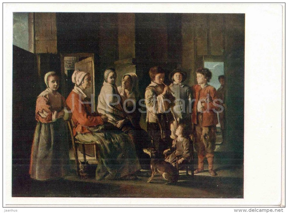 painting by Louis Le Nain - Visiting Grandmother - children - dog - fife - french art - unused - JH Postcards