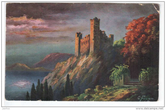 illustration by Fiebiger - castle , sea - Amag 450 - old postcard - circulated in Estonia 1925 , Rakvere - used - JH Postcards