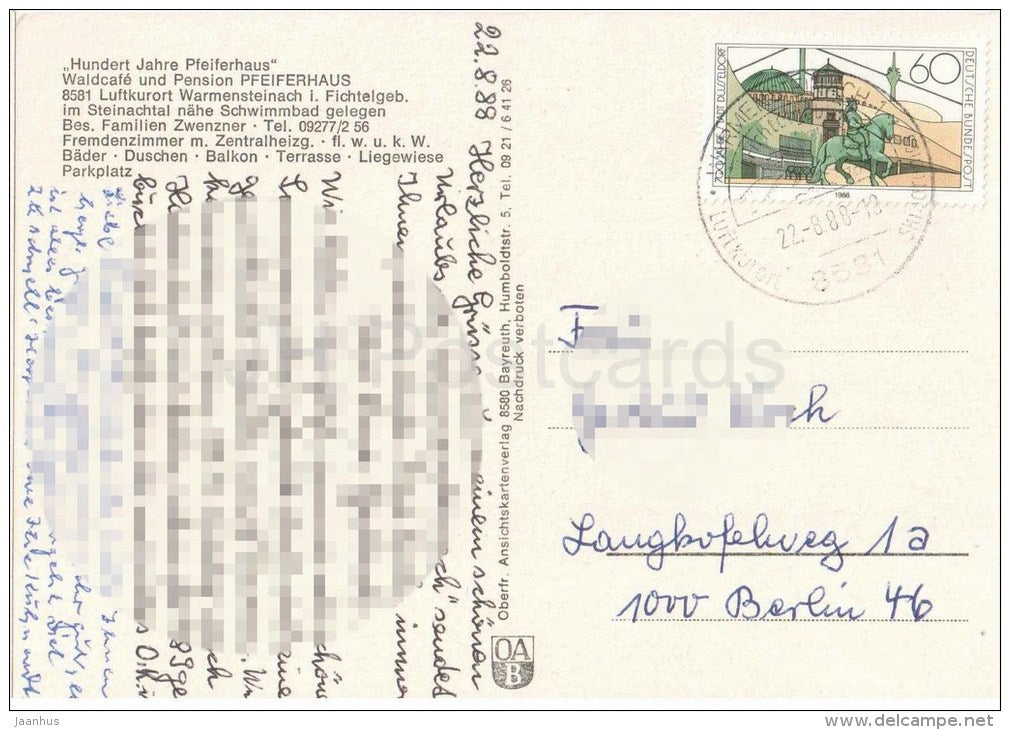 Hundert Jahre Pfeiferhaus - Waldcafe und Pension - Germany - 1988 gelaufen - JH Postcards