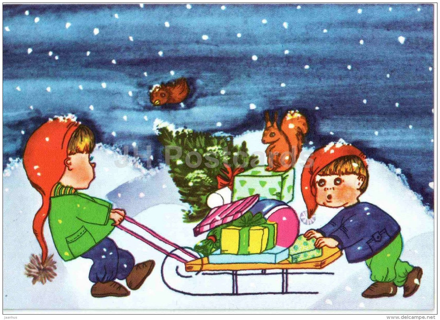 New Year Greeting card - illustration - boys - sledge - gifts - 1993 - Estonia - used - JH Postcards