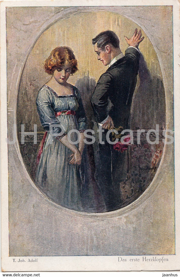 Das Erste Herzklopfen - couple - man and woman - illustration by T Joh Adolf - Optimus - old postcard - Germany - unused - JH Postcards