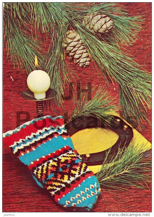 New Year Greeting card - mittens - horseshoe - 1978 - Estonia USSR - unused - JH Postcards