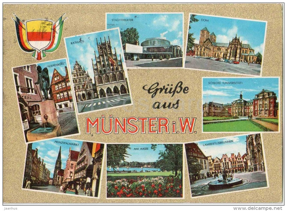 Grüsse aus Münster - Kiepenkerl - Rathaus - Stadttheater - Dom - Prinzipalmarkt - Aasee - 2900 - Germany - 1976 gelaufen - JH Postcards