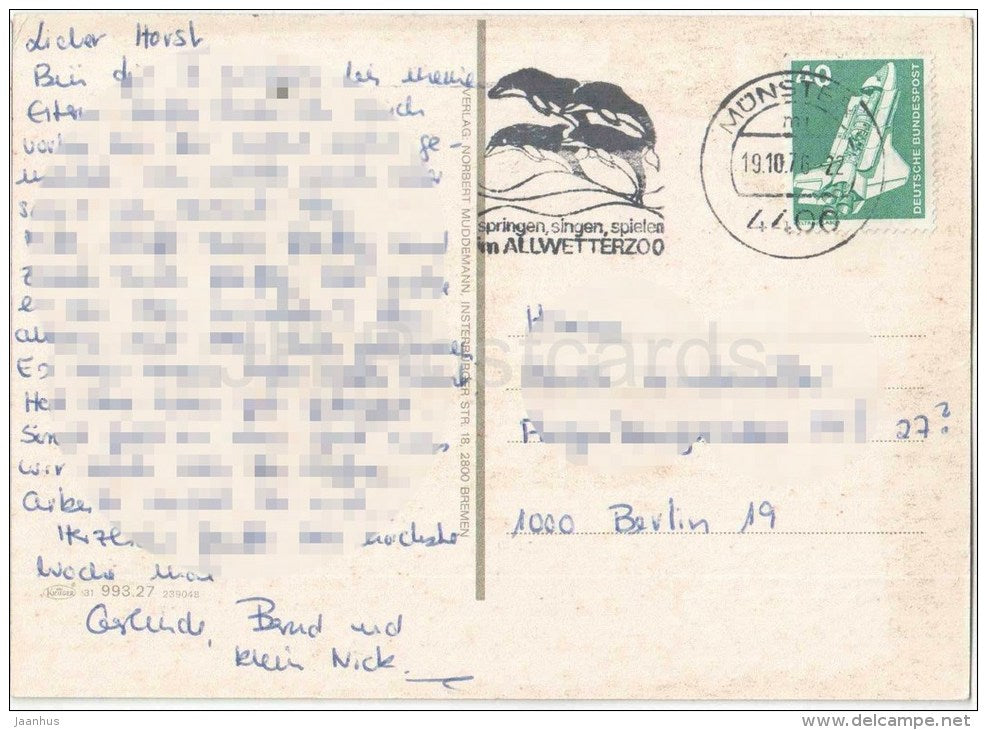 Grüsse aus Münster - Kiepenkerl - Rathaus - Stadttheater - Dom - Prinzipalmarkt - Aasee - 2900 - Germany - 1976 gelaufen - JH Postcards