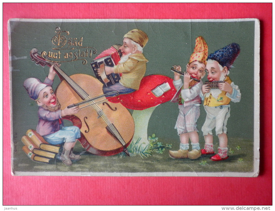 new year greeting card - accordion - mushroom - cello - fife 14157  circulated in Imperial Russia Estonia Wesenberg 1909 - JH Postcards