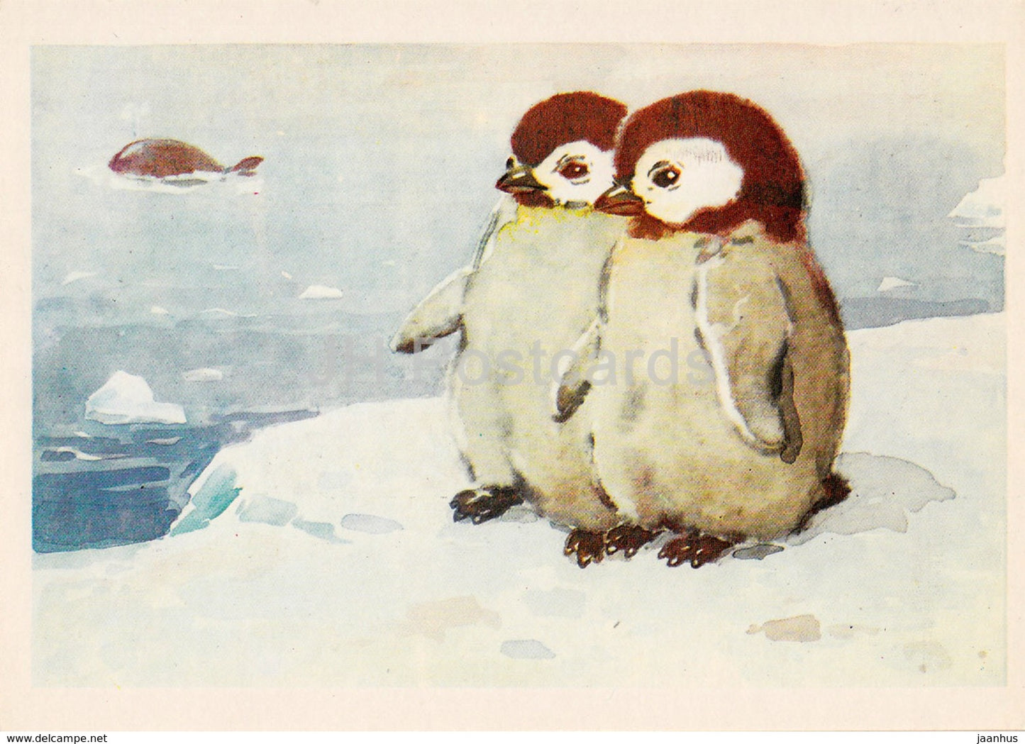 illustration by L. Gamburger - penguins - animals - Postcards for Children - 1984 - Russia USSR - unused - JH Postcards