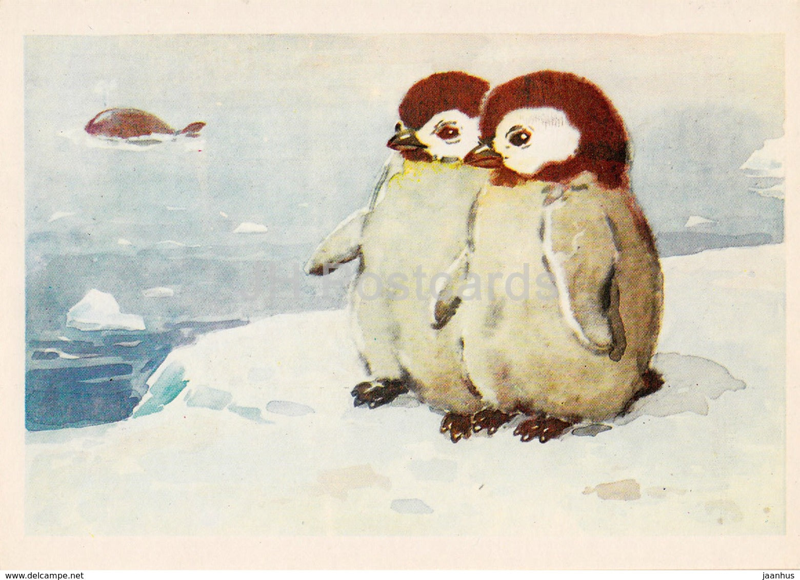 illustration by L. Gamburger - penguins - animals - Postcards for Children - 1984 - Russia USSR - unused - JH Postcards