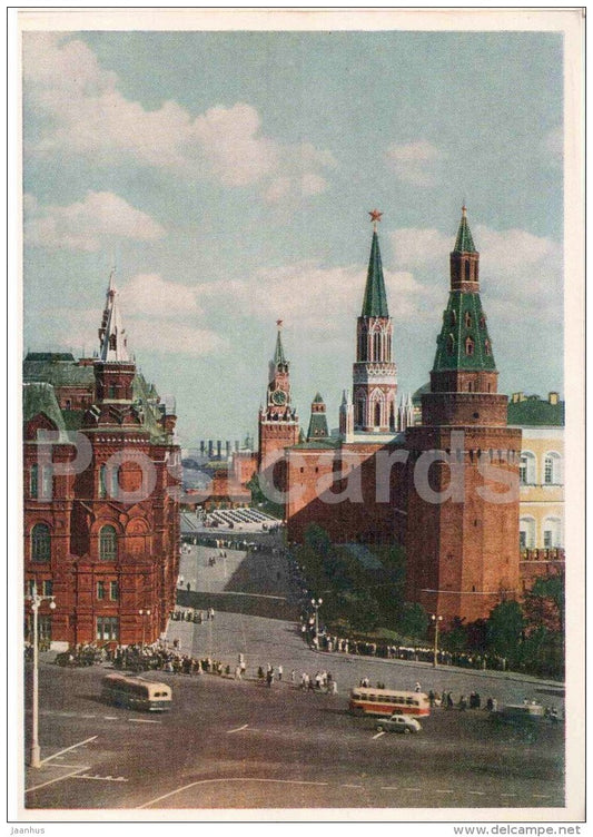 Kremlin Passage - Red Square view - bus - trolleybus - Moscow - 1956 - Russia USSR - unused - JH Postcards