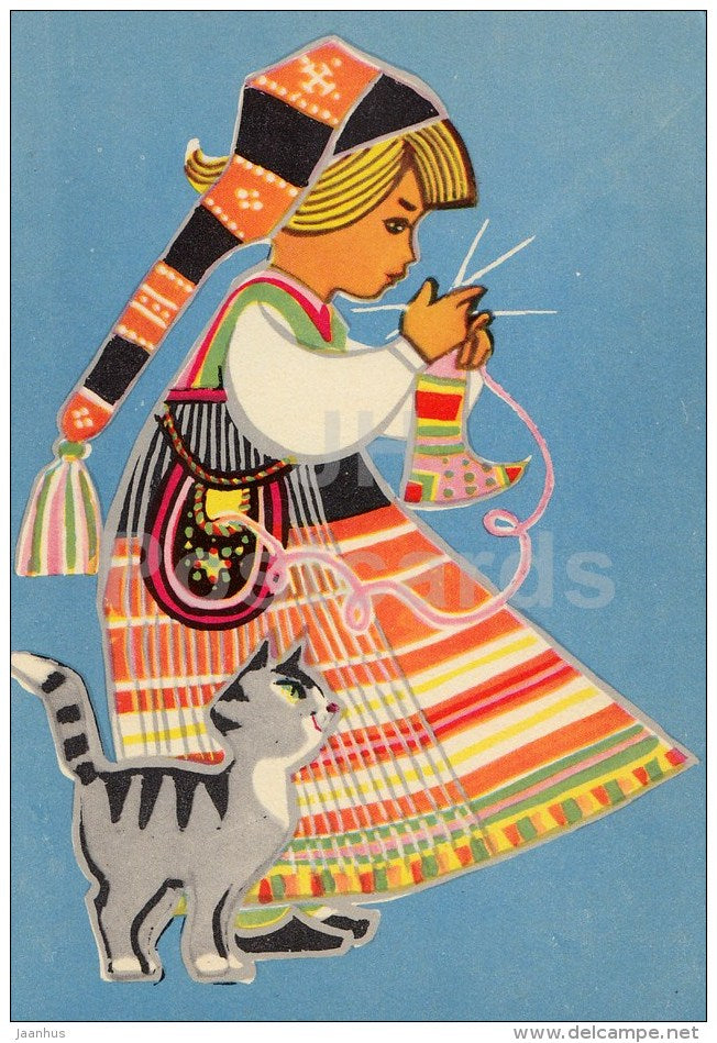 illustration by M. Fuks - girl in Estonian folk costumes - cat - knitting - 1965 - Estonia USSR - unused - JH Postcards