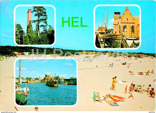 Hel - Plaza - Latarnia morska - Muzeum Rybackie - Port Rybacki - beach - port - multiview - Poland - unused - JH Postcards