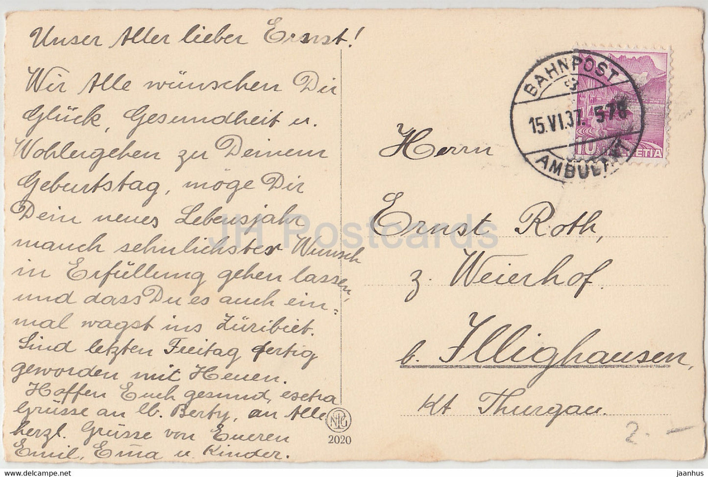 Birthday Greeting Card - Herzlichen Gluckwunsch zum Geburtstage - woman - NPG 2020 - old postcard - 1937 Germany - used