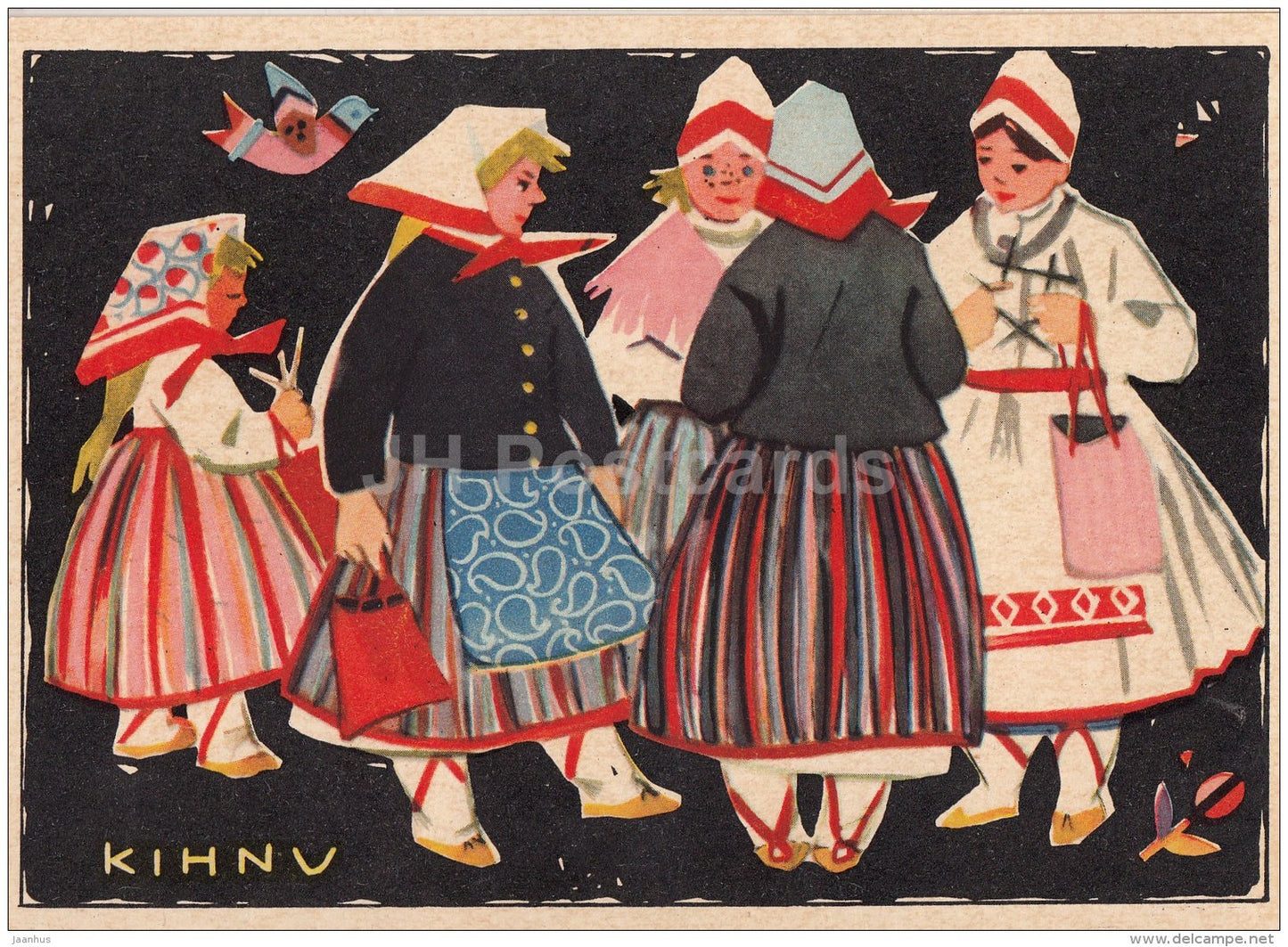 illustration by V. Tolli - Kihnu - Estonian Folk Costumes - 1960 - Estonia USSR - unused - JH Postcards