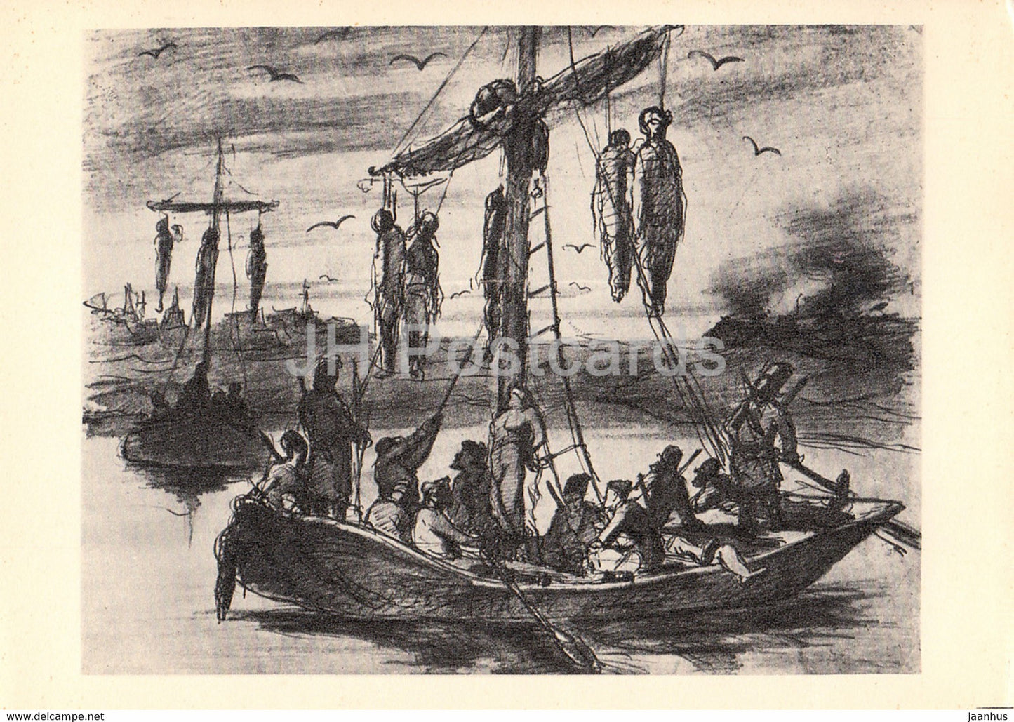 drawing by V. Perov - Executed Pugachevites - boat - Russian art - 1962 - Russia USSR - unused - JH Postcards