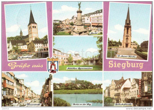 Grüsse aus Siegburg - St. Servatius - Markt - St. Anno-Kirche - Kaiserstrasse - Bahnhofstrasse - Germany - 1980 gelaufen - JH Postcards