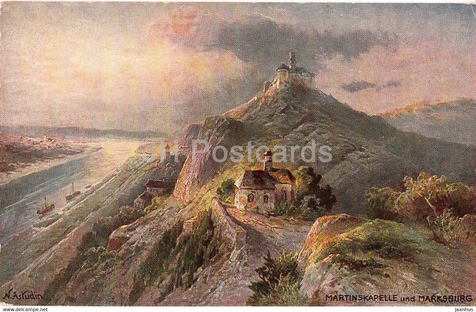 Martinskapelle und Marksburg - 142 - illustration by N. Astudin - old postcard - Germany - unused - JH Postcards