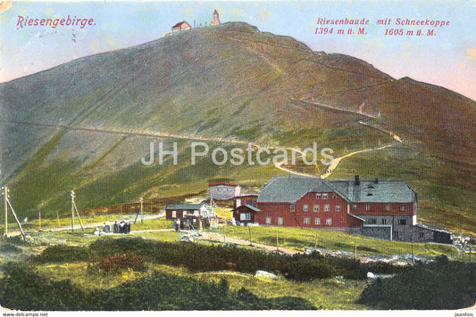 Riesengebirge - Riesenbaude mit Schneekoppe - Sniezne Kotly - 887 - old postcard - 1914 - Poland - used - JH Postcards