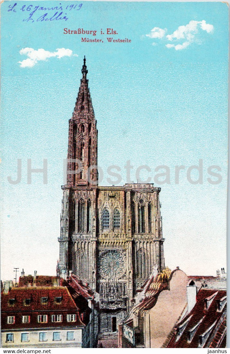 Strassburg i E - Strasbourg - Munster - Westseite - cathedral - old postcard - 1919 - France - used - JH Postcards