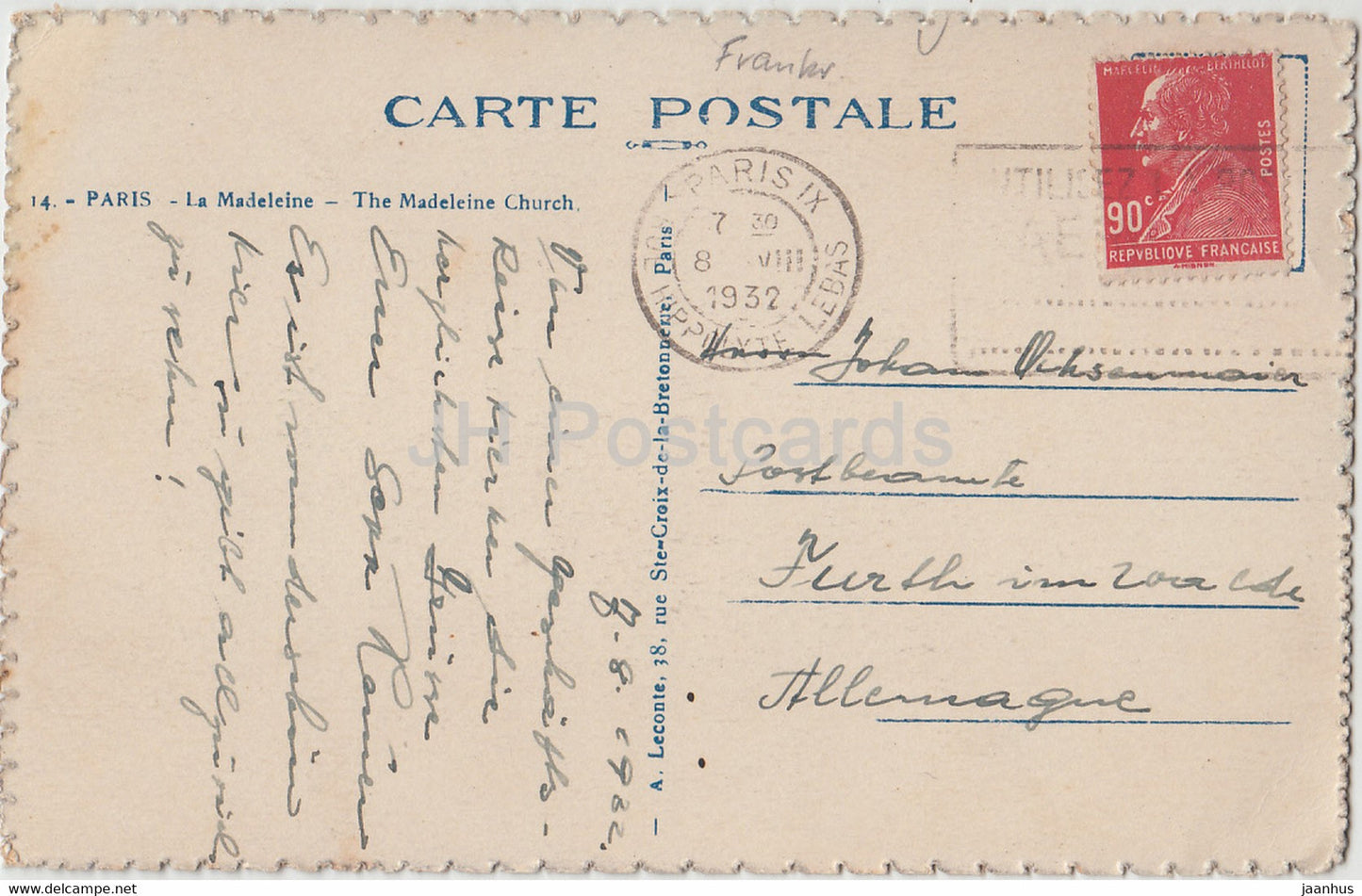 Paris - La Madeleine - Church - 14 - old postcard - 1932 - France - used