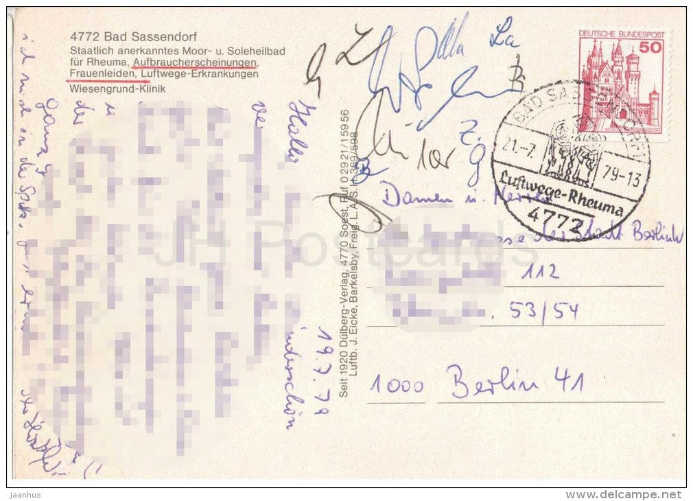 Bad Sassendorf - Staatlich anerkanntes Moor- u. Soleheilbad für Rheuma - Klinik - clinic - 4772  Germany - 1979 gelaufen - JH Postcards