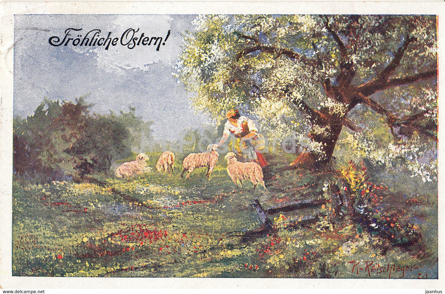 Easter Greeting Card - Frohliche Ostern - sheep - Reitschlager - old postcard - 1928 - Germany - used - JH Postcards