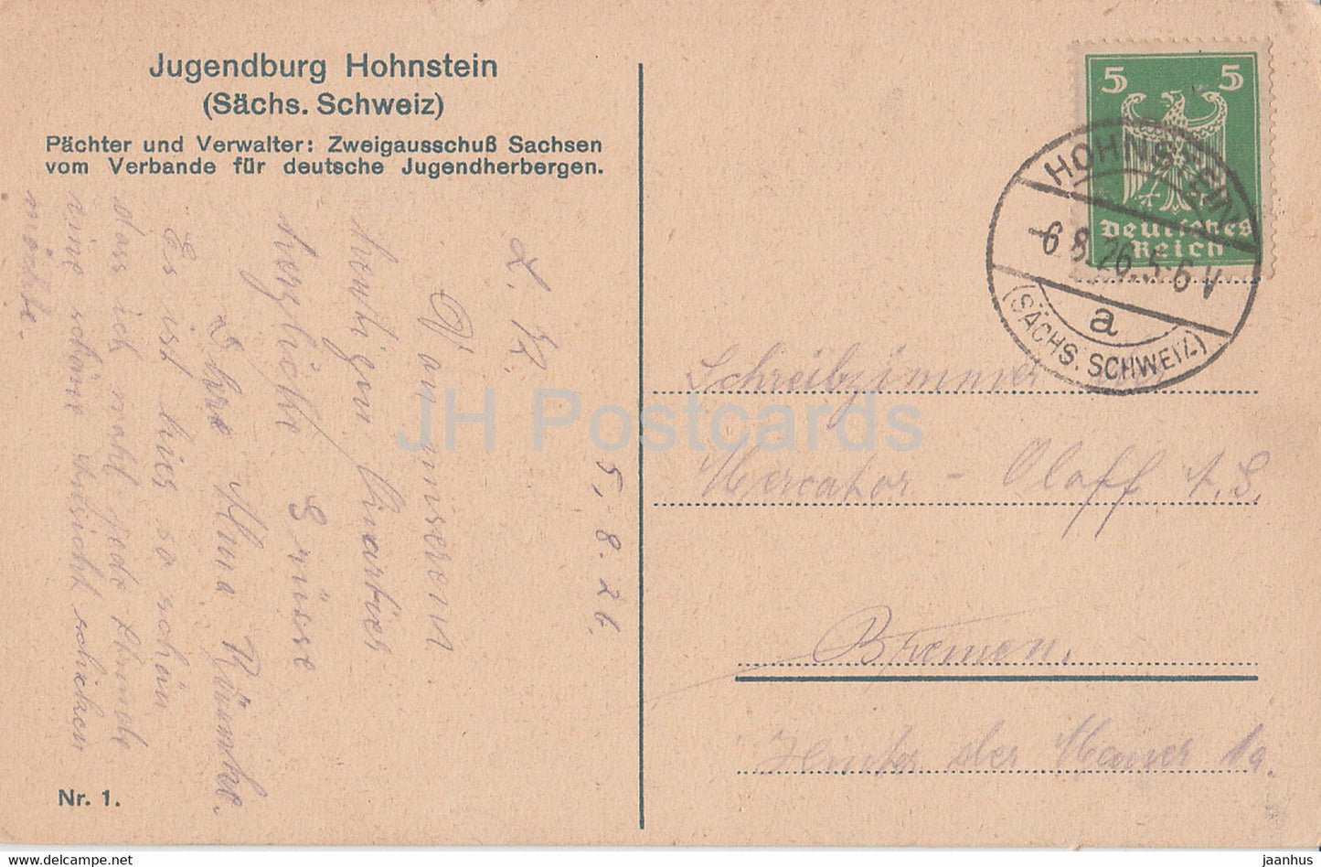 Jugendburg Hohnstein - Sachs Schweiz - 1 - carte postale ancienne - 1926 - Allemagne - utilisé