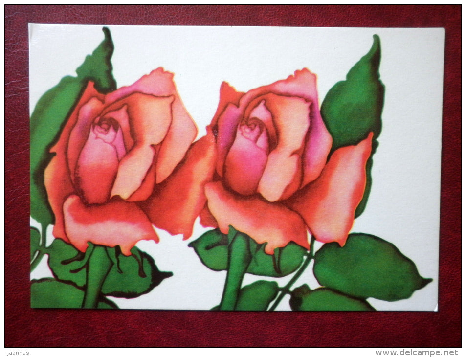 illustration by Malle Leis - red roses - flowers - 1972 - Estonia USSR - used - JH Postcards