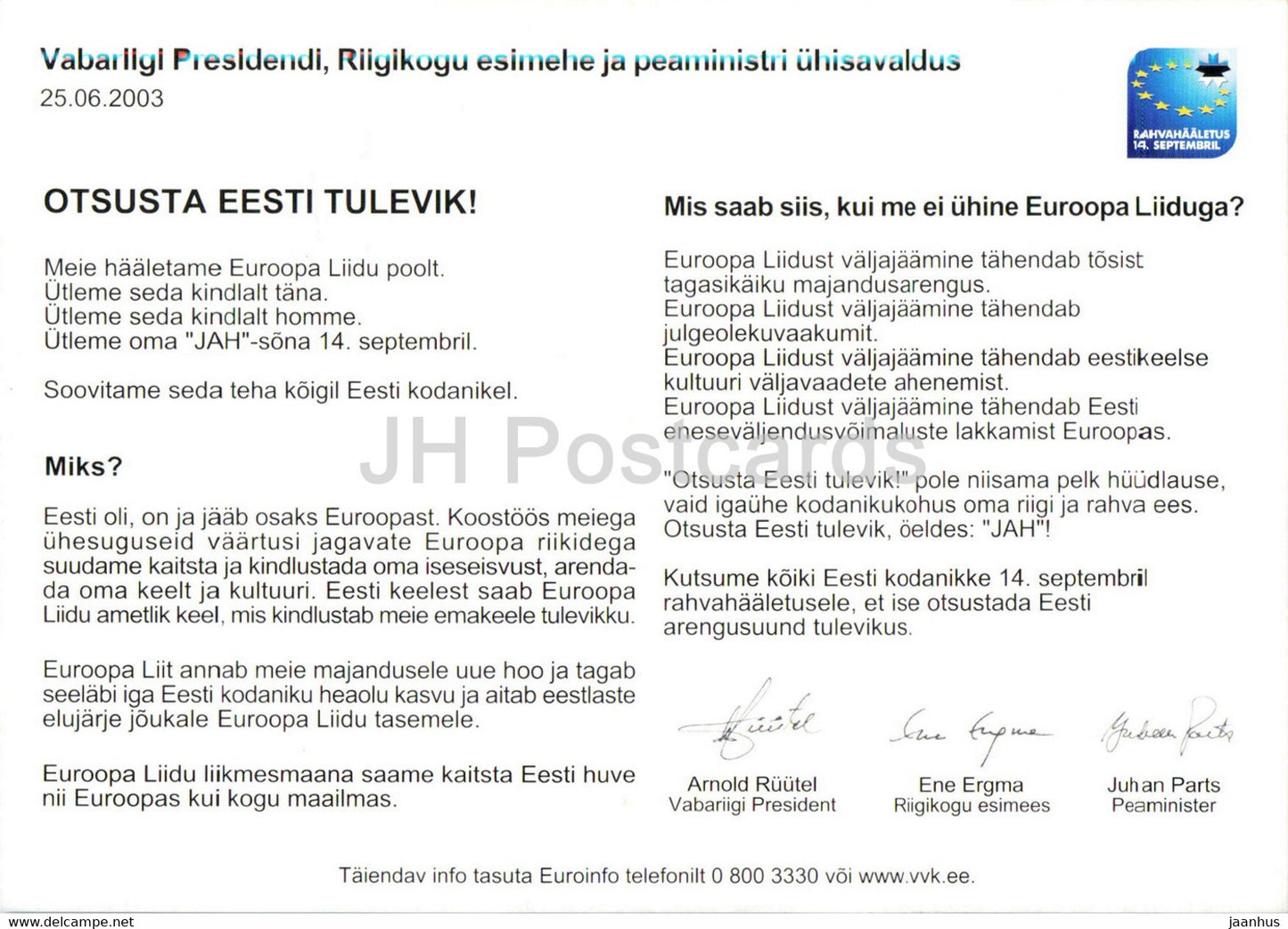 Estnische Politiker - Präsident Arnold Ruutel - Ene Ergma - Juhan Parts - EU-Beitritt - 2003 - Estland - unbenutzt