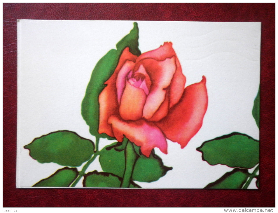 illustration by Malle Leis - red roses - flowers - 1972 - Estonia USSR - used - JH Postcards