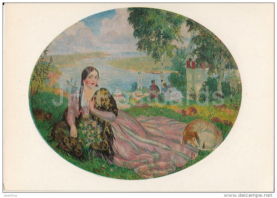 painting by B. Kustodiev - On the Volga river , 1919 - woman - dog - Soviet art - 1981 - Russia USSR - unused - JH Postcards