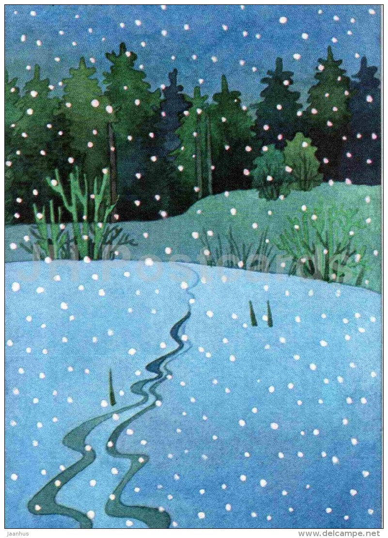 New Year Greeting card by Regina Lukk - illustration - winter road - 1990 - Estonia USSR - used - JH Postcards