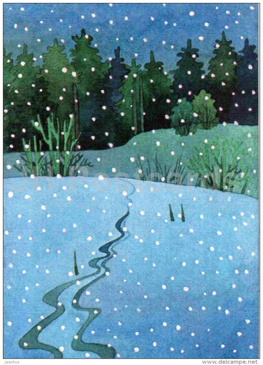 New Year Greeting card by Regina Lukk - illustration - winter road - 1990 - Estonia USSR - used - JH Postcards