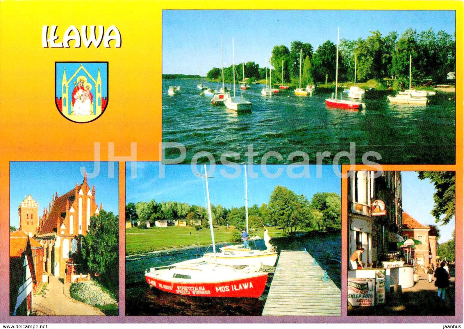 Ilawa - Przystan na Jeziorze jeziorak - Gotycki kosciol Al Niepodleglosci - harbor - boat - multiview - Poland - unused - JH Postcards