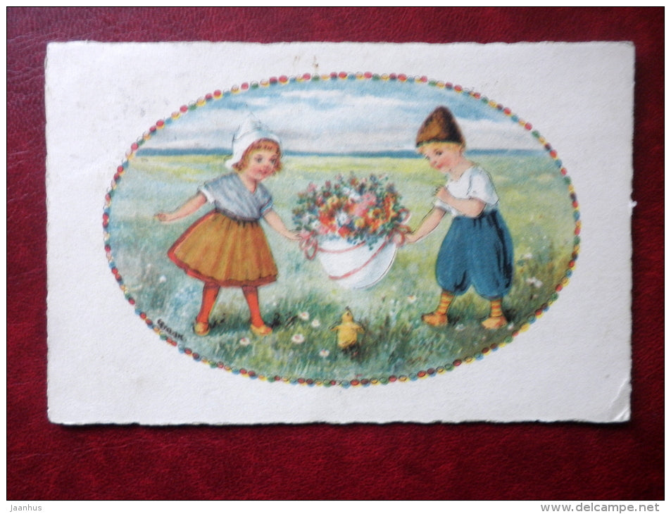 Easter Greeting Card - boy and girl - by E Frank - WSSB 9335/2 - old postcard - circulated in Estonia - Germany - used - JH Postcards