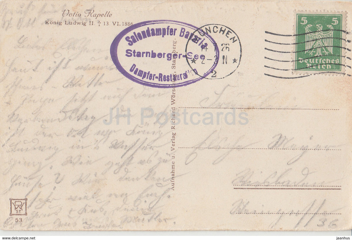 Votiv Kapelle Konig Ludwig II 1886 - carte postale ancienne - 1926 - Allemagne - utilisé