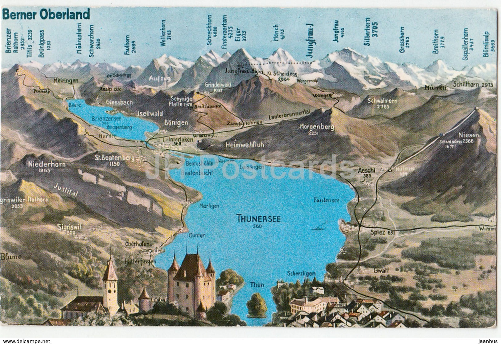 Berner Oberland - Thunersee - map - 3000 - Switzerland - old postcard - unused - JH Postcards