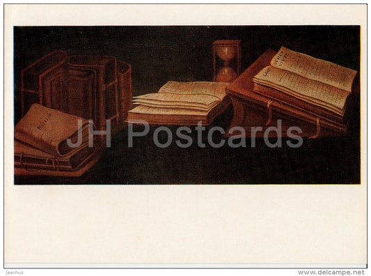 painting by Unknown Artist - Hourglass , Books , 1740s - Still Life - Russian art - Russia USSR - 1981 - unused - JH Postcards