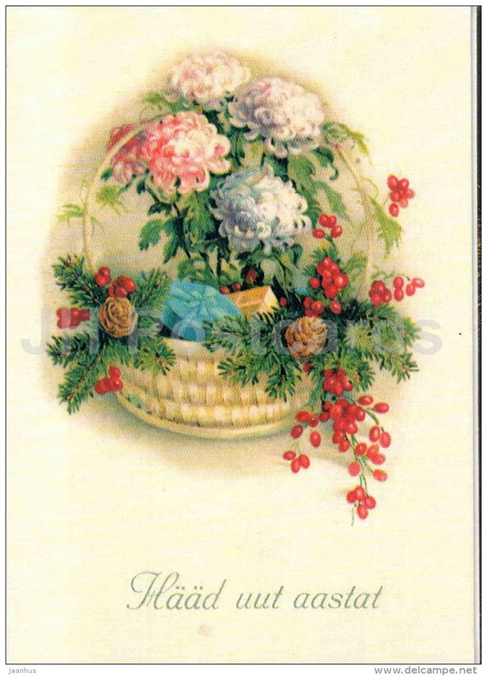 New Year Greeting Card - basket - flowers - berries - old postcard reproduction - Estonia - unused - JH Postcards