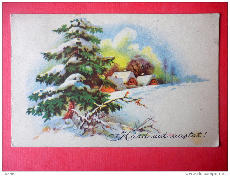 new year greeting card - winter - houses - tree - WO 1308 - circulated in Estonia Tallinn 1950 - JH Postcards