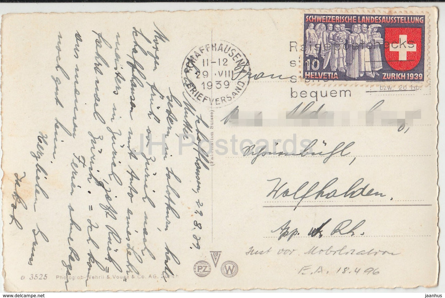 Schaffhausen mit Munot - boat - 3535 - Switzerland - 1939 - used