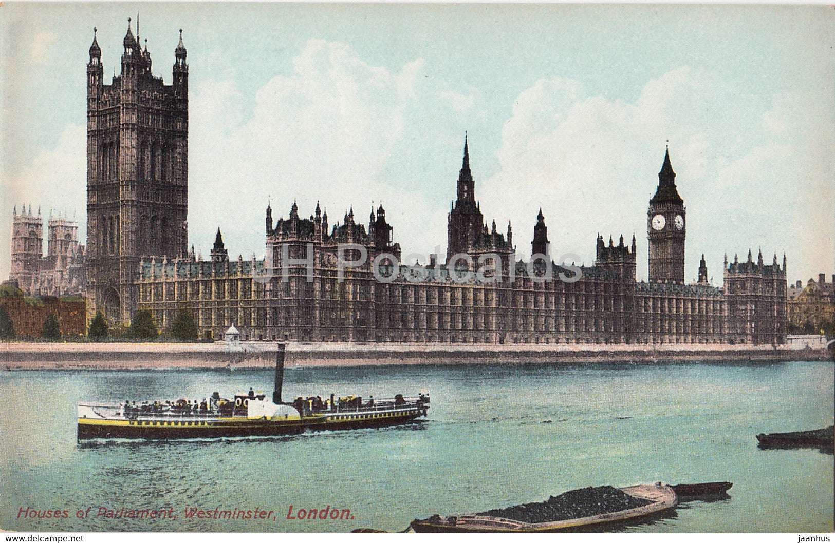 London - Houses of Parliament - Westminster - steamer boat - old postcard - England - United Kingdom - unused - JH Postcards