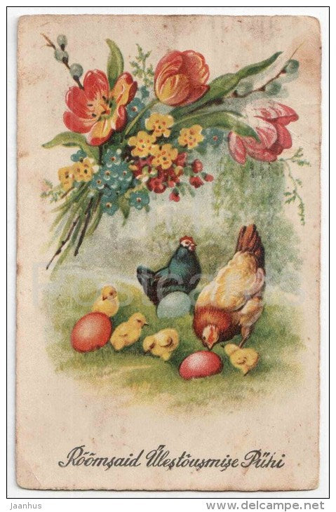 Easter Greeting Card - eggs - chicken - flowers - tulip - 1267 - circulated in Estonia Tallinn 1932 - JH Postcards