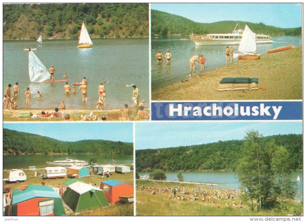 Hracholusky - sailing boat - passenger boat - beach - camping area - Nachgebühr - Czechoslovakia - Czech - used 1970s - JH Postcards